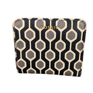 VTG Fossil Geometric Leather Bi-fold Wallet Snap & Up Zip Coin Card Slots White